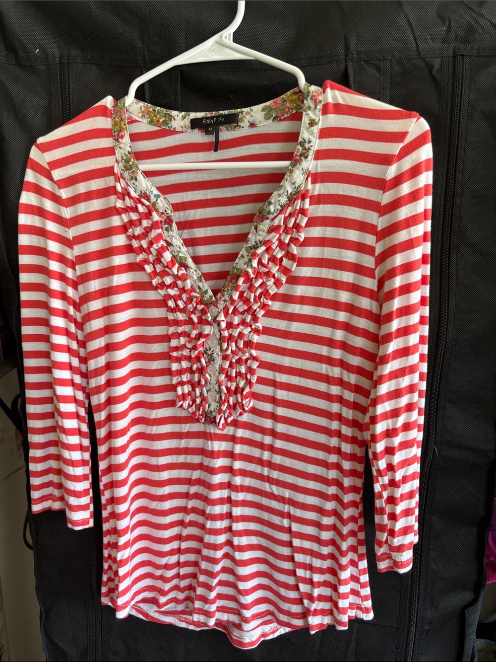 Ruby Rd. Coral-White Striped V-Neck Ruffle Tunic with Floral Trim